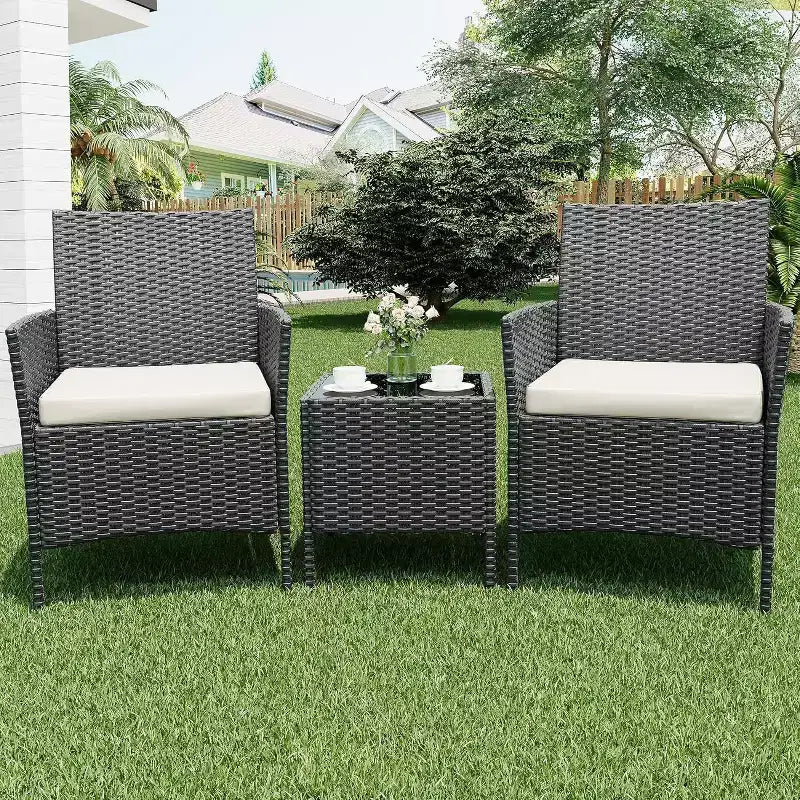 Ensemble de mobilier de patio extérieur 3 pièces, ensemble de conversation moderne en rotin avec table basse pour jardin, osier tout temps et cadre en acier