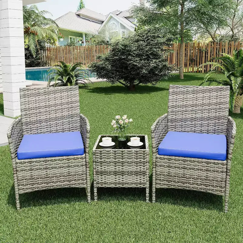 Ensemble de mobilier de patio extérieur 3 pièces, ensemble de conversation moderne en rotin avec table basse pour jardin, osier tout temps et cadre en acier