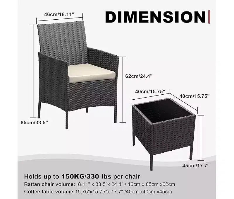 Ensemble de mobilier de patio extérieur 3 pièces, ensemble de conversation moderne en rotin avec table basse pour jardin, osier tout temps et cadre en acier