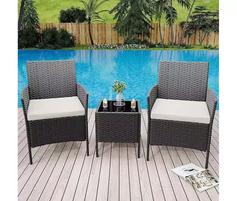 Ensemble de mobilier de patio extérieur 3 pièces, ensemble de conversation moderne en rotin avec table basse pour jardin, osier tout temps et cadre en acier