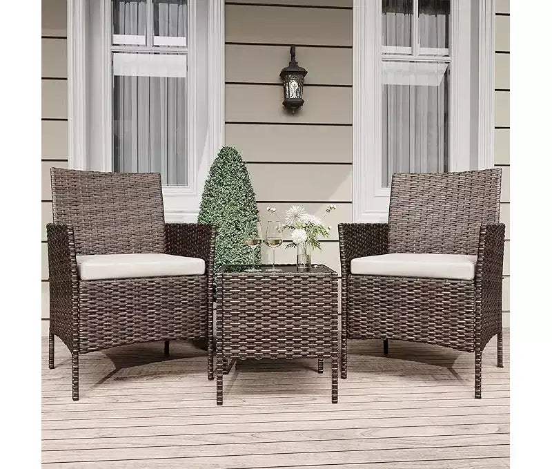 Ensemble de mobilier de patio extérieur 3 pièces, ensemble de conversation moderne en rotin avec table basse pour jardin, osier tout temps et cadre en acier