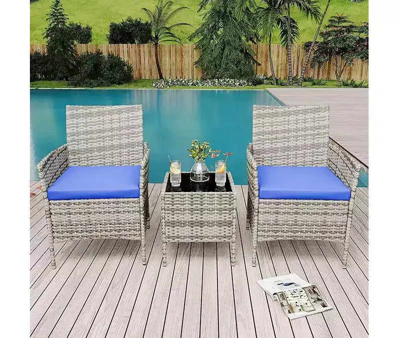 Ensemble de mobilier de patio extérieur 3 pièces, ensemble de conversation moderne en rotin avec table basse pour jardin, osier tout temps et cadre en acier