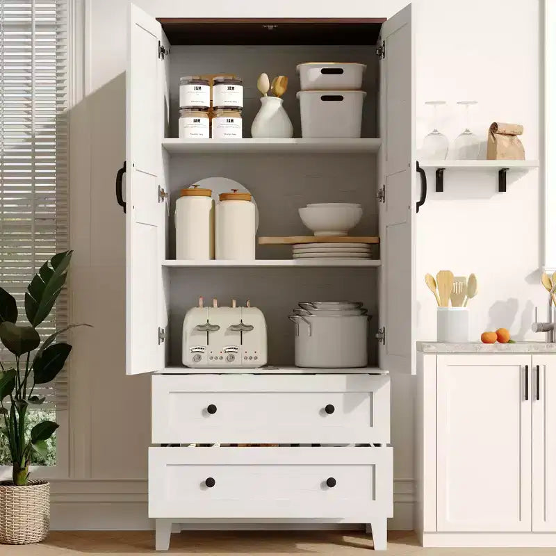Armoire de Rangement au Sol avec 2 Portes, 2 Tiroirs et Étagères Réglables, Meuble de Rangement en Bois de Style Ferme pour Cuisine, Bureau et Salon