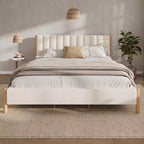 Cadre de lit plateforme rembourré Queen/King/California King avec tête de lit épaisse capitonnée et pieds en bois massif, blanc - ModernLuxe