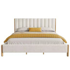 Cadre de lit plateforme rembourré Queen/King/California King avec tête de lit épaisse capitonnée et pieds en bois massif, blanc - ModernLuxe