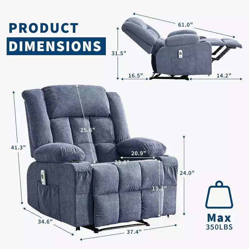 Fauteuil inclinable massant et chauffant Acekool avec repose-pieds extra-large, dossier haut, siège baquet profond à bascule avec poches, pour salon
