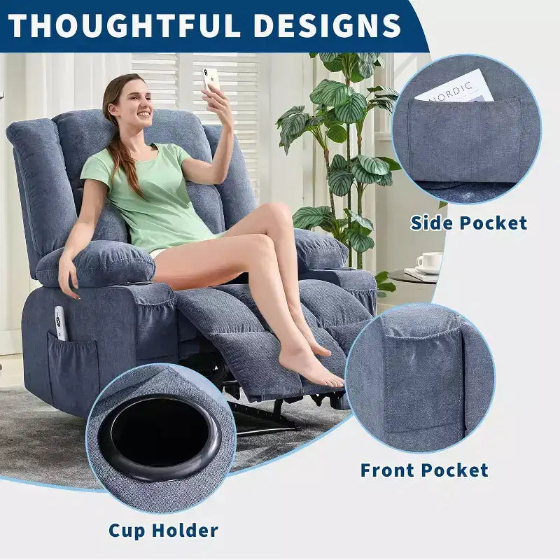 Fauteuil inclinable massant et chauffant Acekool avec repose-pieds extra-large, dossier haut, siège baquet profond à bascule avec poches, pour salon