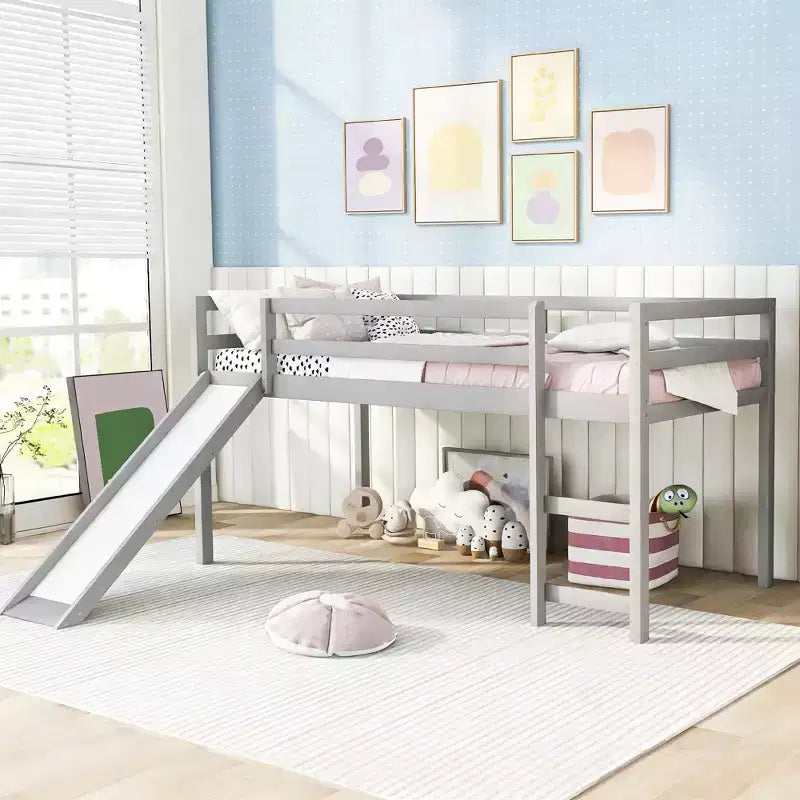 Lit superposé Luxystar une place avec toboggan et barrière pour chambre d'enfant