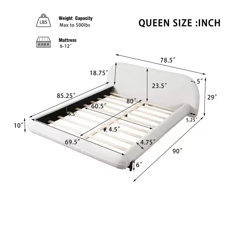 Lit plateforme rembourré Queen/King Size avec tête de lit épaisse rembourrée, pieds en bois massif et design incurvé, blanc - ModernLuxe