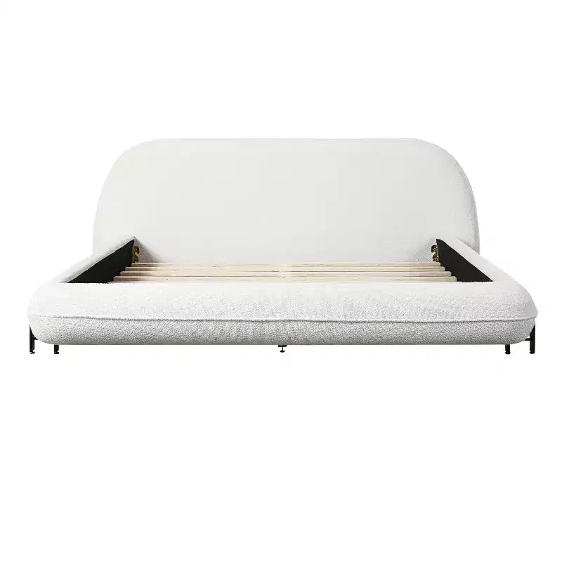 Lit plateforme rembourré Queen/King Size avec tête de lit épaisse rembourrée, pieds en bois massif et design incurvé, blanc - ModernLuxe