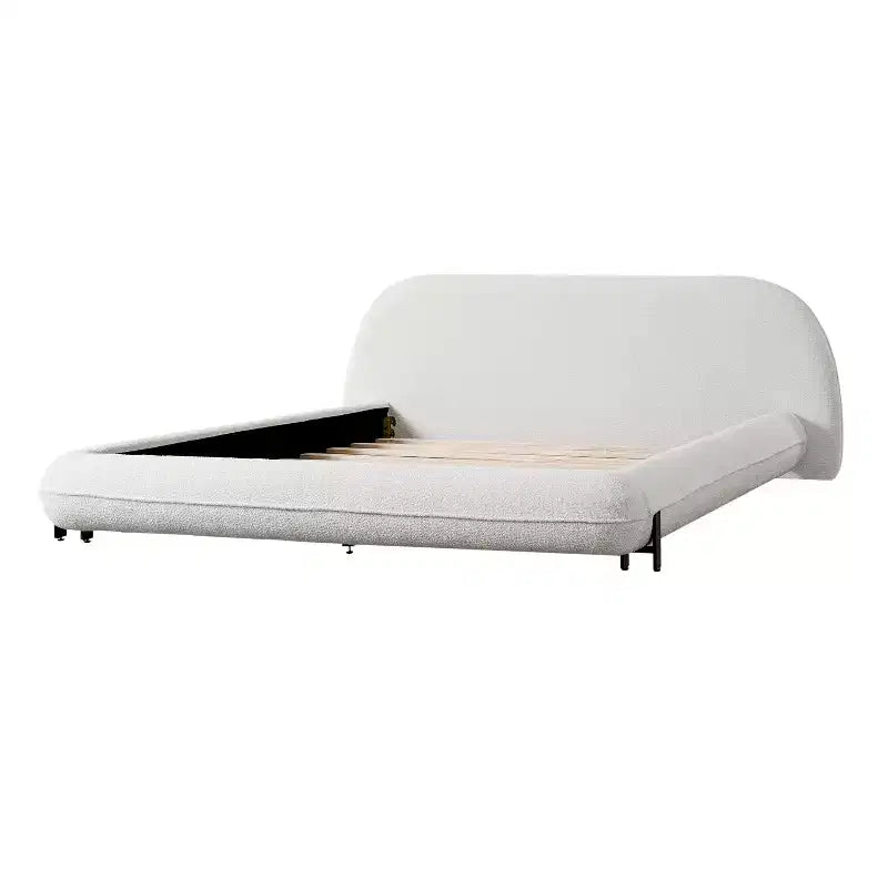 Lit plateforme rembourré Queen/King Size avec tête de lit épaisse rembourrée, pieds en bois massif et design incurvé, blanc - ModernLuxe