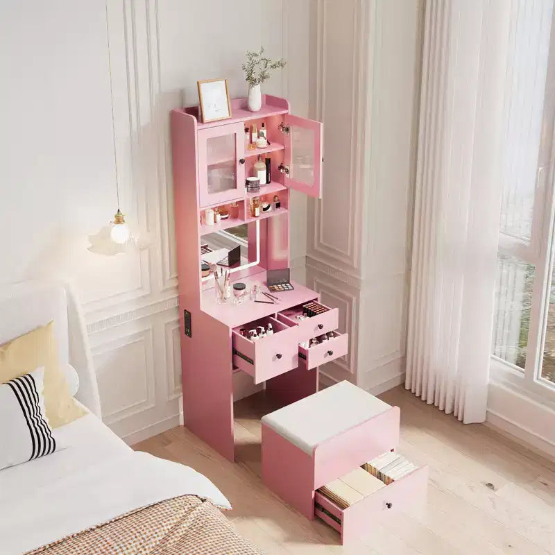 Coiffeuse 3 en 1 avec lumière LED, grande coiffeuse avec 2 prises CA et USB-C, table de maquillage avec tiroirs de rangement et portes en acrylique