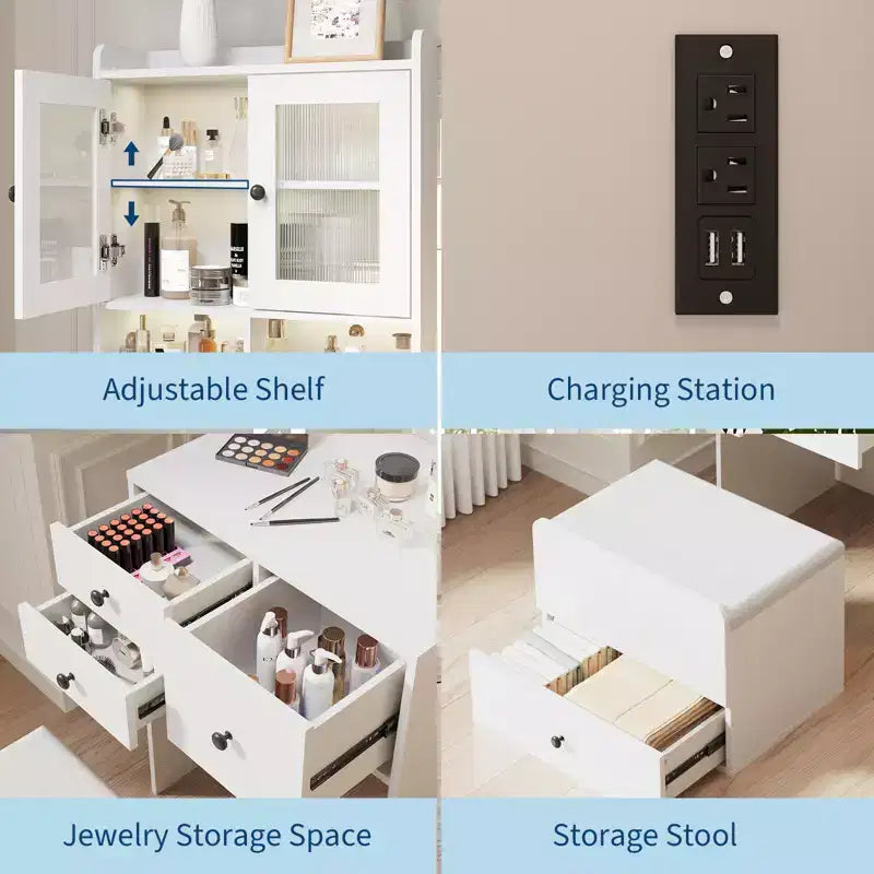Coiffeuse 3 en 1 avec lumière LED, grande coiffeuse avec 2 prises CA et USB-C, table de maquillage avec tiroirs de rangement et portes en acrylique
