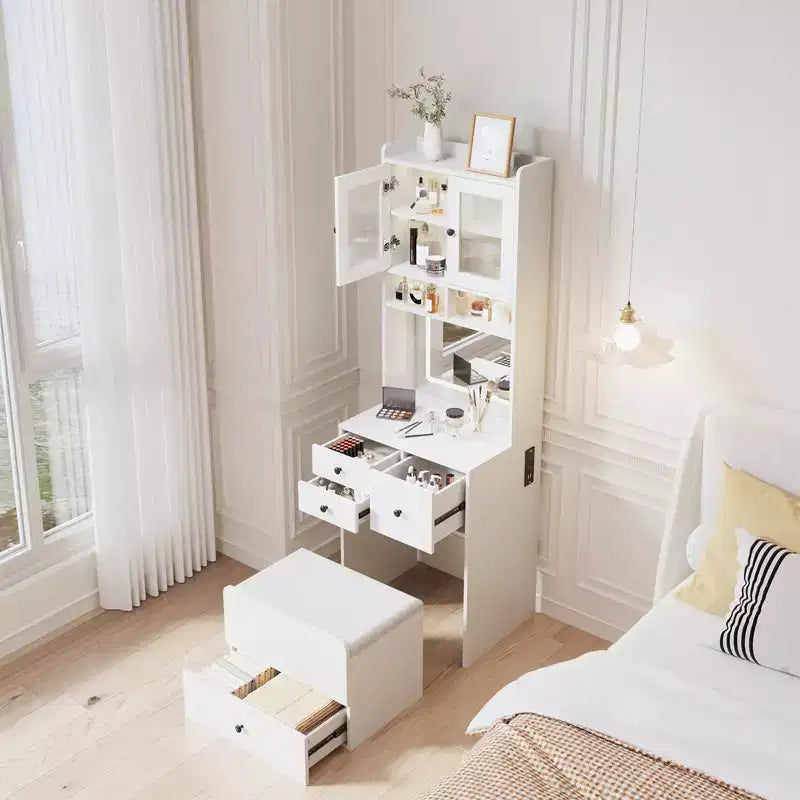 Coiffeuse 3 en 1 avec lumière LED, grande coiffeuse avec 2 prises CA et USB-C, table de maquillage avec tiroirs de rangement et portes en acrylique