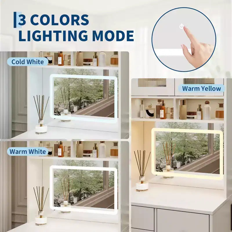 Coiffeuse 3 en 1 avec lumière LED, grande coiffeuse avec 2 prises CA et USB-C, table de maquillage avec tiroirs de rangement et portes en acrylique