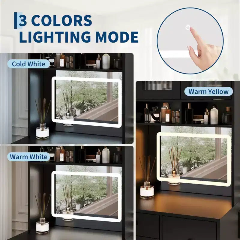 Coiffeuse 3 en 1 avec lumière LED, grande coiffeuse avec 2 prises CA et USB-C, table de maquillage avec tiroirs de rangement et portes en acrylique