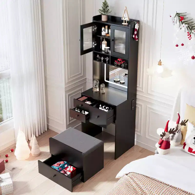 3 in 1 Vanity Desk with LED Light, Tall Makeup Vanity Set with 2 AC Outlets & USB-C, Dressing Table with Storage Drawers & Acrylic Doors