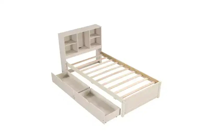 TUYOHW Cadre de lit double moderne avec tête de lit bibliothèque et recharge USB, lit plateforme en bois avec 2 tiroirs de rangement coulissants, lit bibliothèque avec rangement
