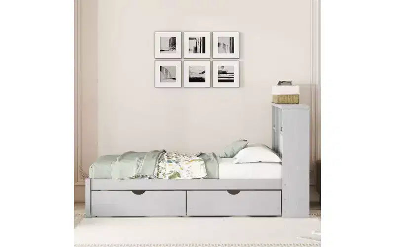 TUYOHW Cadre de lit double moderne avec tête de lit bibliothèque et recharge USB, lit plateforme en bois avec 2 tiroirs de rangement coulissants, lit bibliothèque avec rangement