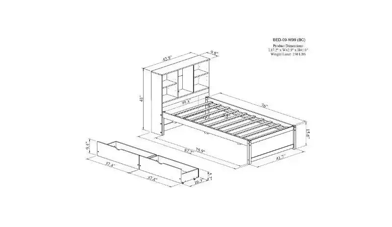 TUYOHW Cadre de lit double moderne avec tête de lit bibliothèque et recharge USB, lit plateforme en bois avec 2 tiroirs de rangement coulissants, lit bibliothèque avec rangement