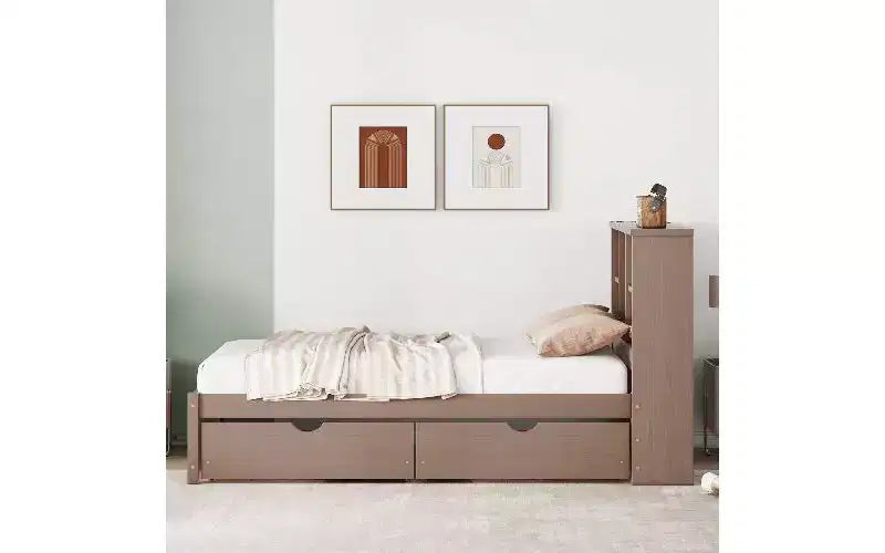 TUYOHW Cadre de lit double moderne avec tête de lit bibliothèque et recharge USB, lit plateforme en bois avec 2 tiroirs de rangement coulissants, lit bibliothèque avec rangement