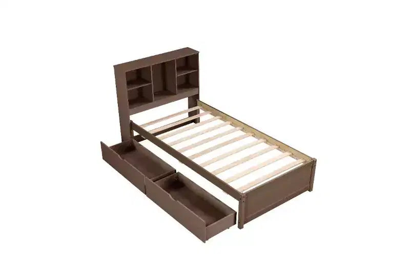TUYOHW Cadre de lit double moderne avec tête de lit bibliothèque et recharge USB, lit plateforme en bois avec 2 tiroirs de rangement coulissants, lit bibliothèque avec rangement