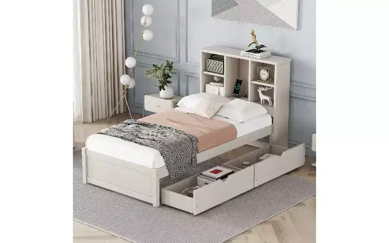 TUYOHW Cadre de lit double moderne avec tête de lit bibliothèque et recharge USB, lit plateforme en bois avec 2 tiroirs de rangement coulissants, lit bibliothèque avec rangement