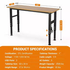 Établi robuste en acier de 60 po | Hauteur réglable et prise de courant | Capacité de 2 134 kg pour garage, atelier et maison