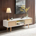 JVNOXK 55.12 Rattan TV cabinet, double sliding doors for storage, adjustable shelf, solid wood legs, TV console for living room , White