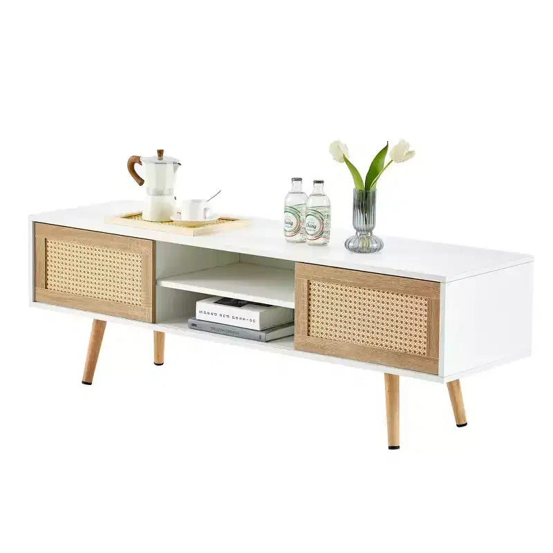 JVNOXK 55.12 Meuble TV en rotin, double portes coulissantes pour rangement, étagère réglable, pieds en bois massif, console TV pour salon, Blanc