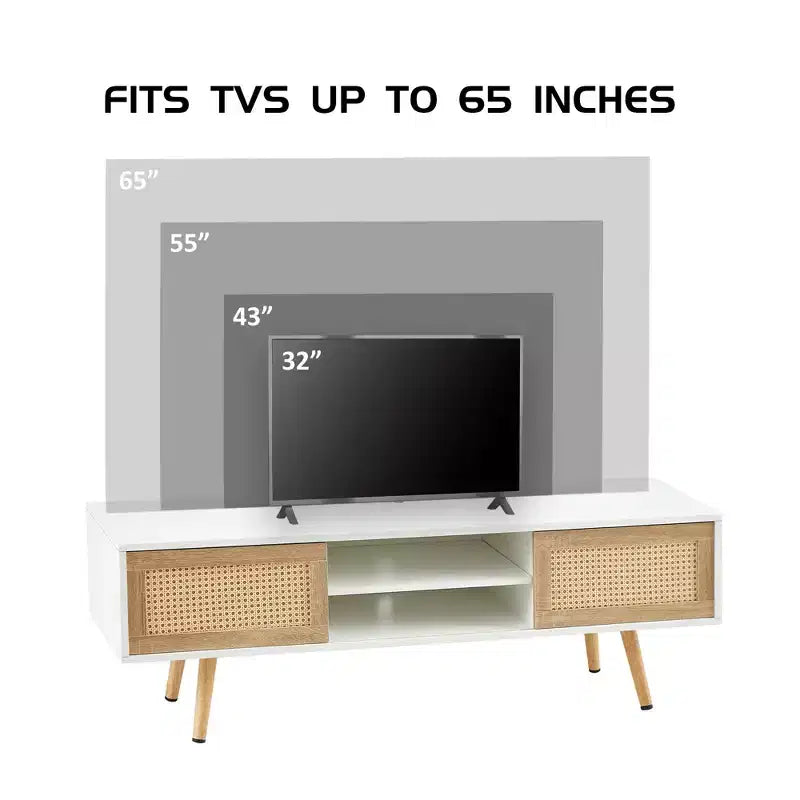 JVNOXK 55.12 Meuble TV en rotin, double portes coulissantes pour rangement, étagère réglable, pieds en bois massif, console TV pour salon, Blanc