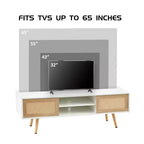 JVNOXK 55.12 Meuble TV en rotin, double portes coulissantes pour rangement, étagère réglable, pieds en bois massif, console TV pour salon, Blanc
