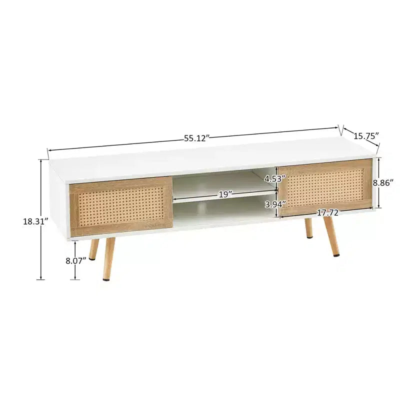 JVNOXK 55.12 Meuble TV en rotin, double portes coulissantes pour rangement, étagère réglable, pieds en bois massif, console TV pour salon, Blanc