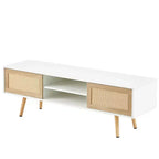 JVNOXK 55.12 Meuble TV en rotin, double portes coulissantes pour rangement, étagère réglable, pieds en bois massif, console TV pour salon, Blanc