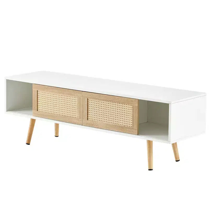 JVNOXK 55.12 Meuble TV en rotin, double portes coulissantes pour rangement, étagère réglable, pieds en bois massif, console TV pour salon, Blanc