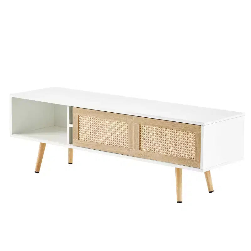 JVNOXK 55.12 Meuble TV en rotin, double portes coulissantes pour rangement, étagère réglable, pieds en bois massif, console TV pour salon, Blanc