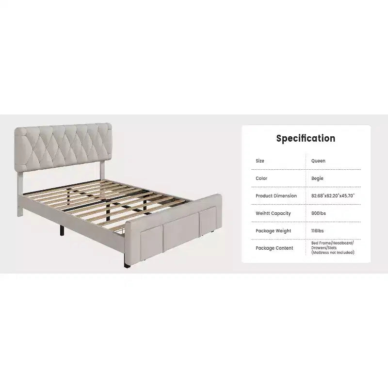 Lit rembourré moderne avec tête de lit capitonnée, cadre de lit plateforme silencieux avec tiroirs de rangement - Lattes en bois, pas besoin de sommier tapissier