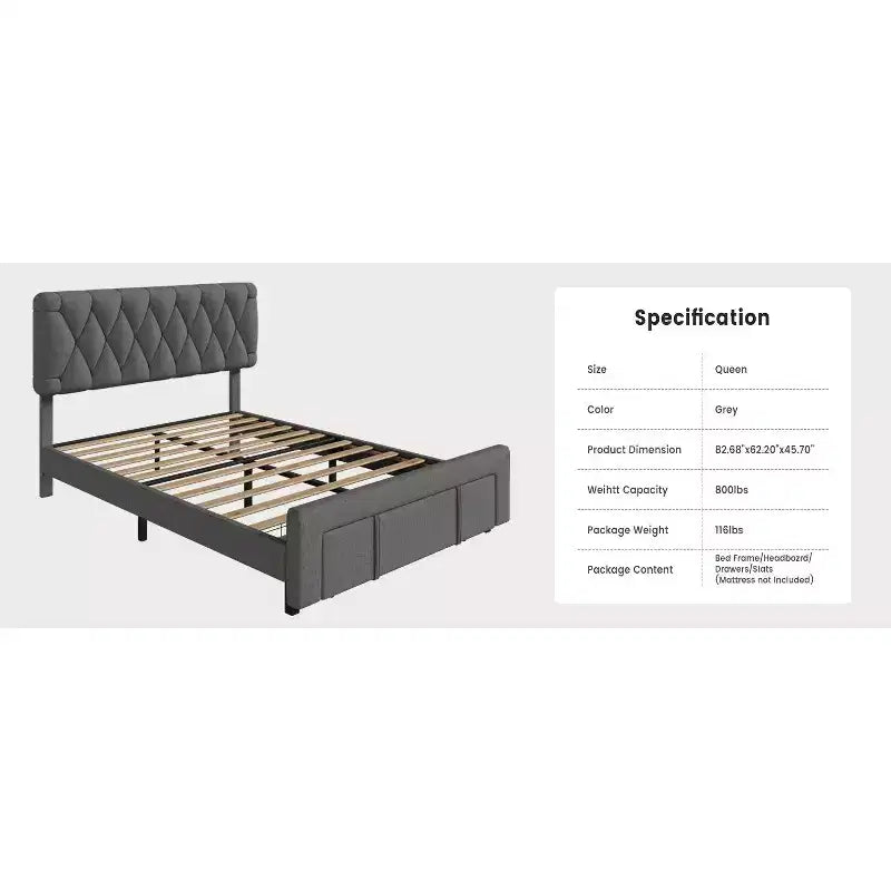 Lit rembourré moderne avec tête de lit capitonnée, cadre de lit plateforme silencieux avec tiroirs de rangement - Lattes en bois, pas besoin de sommier tapissier