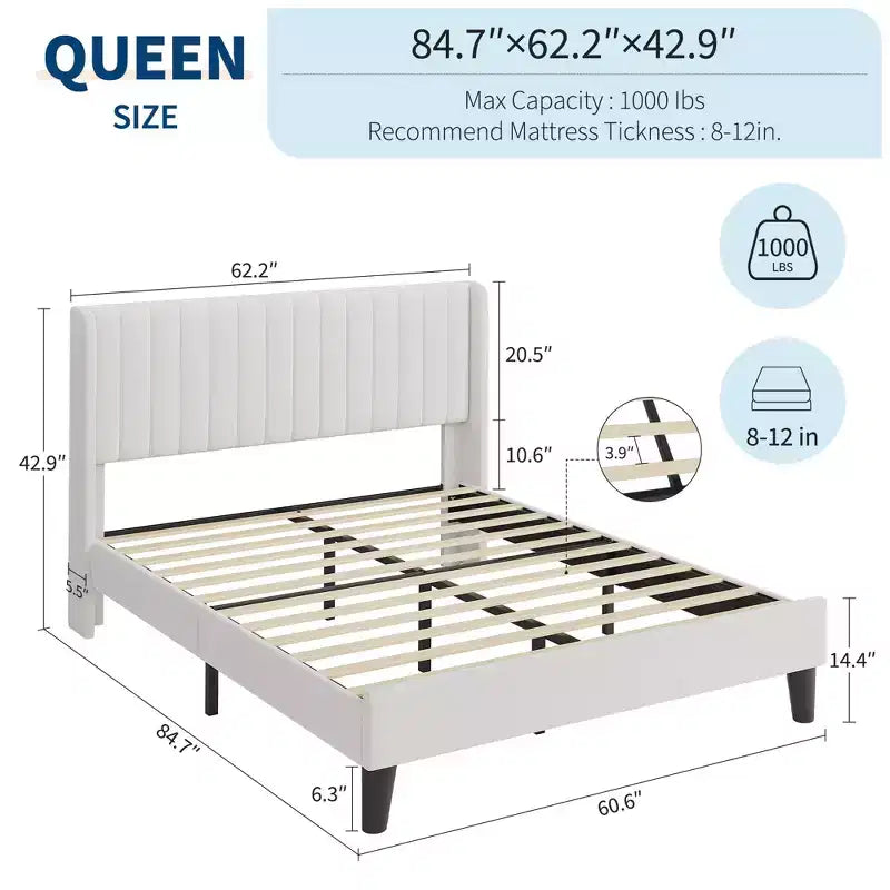 Cadre de lit double en velours avec tête de lit capitonnée, cadre de lit plateforme en velours avec sommier à lattes en bois, aucun sommier tapissier requis, montage facile, beige