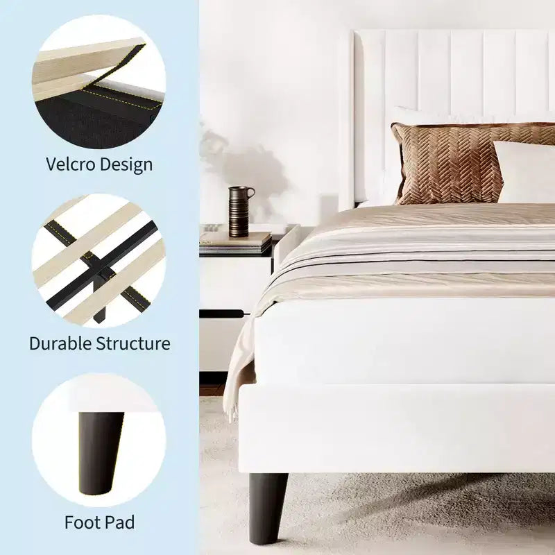 Cadre de lit double en velours avec tête de lit capitonnée, cadre de lit plateforme en velours avec sommier à lattes en bois, aucun sommier tapissier requis, montage facile, beige