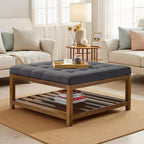 VEVOR Grande table basse ottomane carrée, table basse capitonnée de 87,6 cm avec étagère de rangement en bois massif, rembourrage en lin uni, 181,4 kg, gris foncé