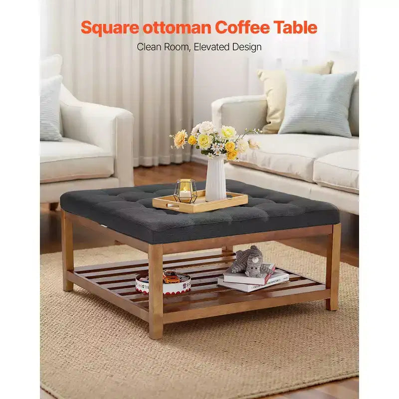 VEVOR Grande table basse ottomane carrée, table basse capitonnée de 87,6 cm avec étagère de rangement en bois massif, rembourrage en lin uni, 181,4 kg, gris foncé