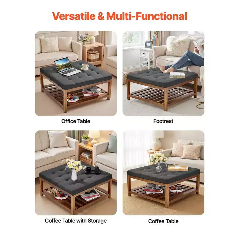 VEVOR Grande table basse ottomane carrée, table basse capitonnée de 87,6 cm avec étagère de rangement en bois massif, rembourrage en lin uni, 181,4 kg, gris foncé