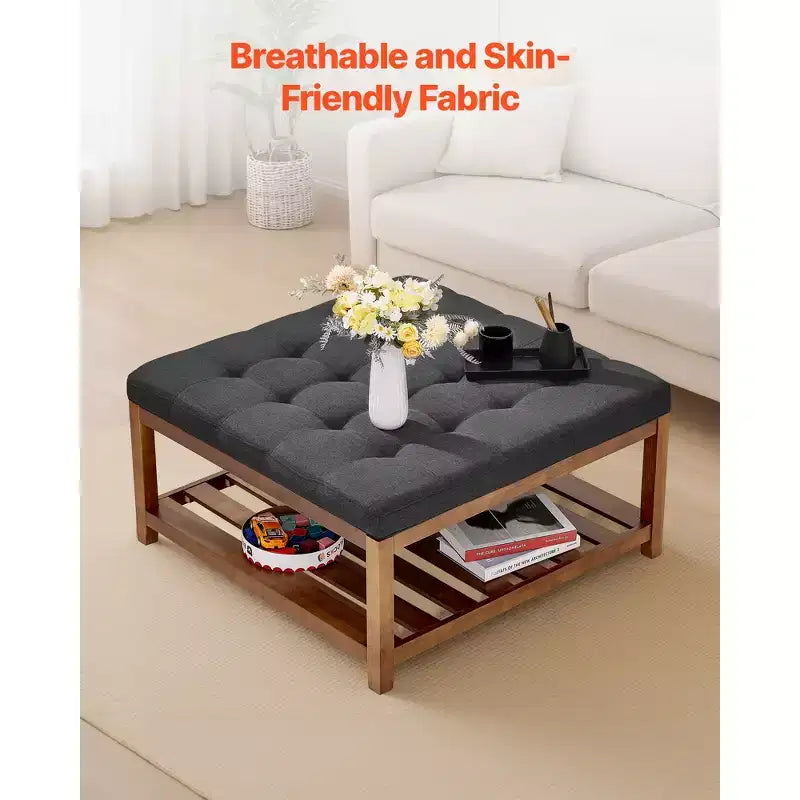 VEVOR Grande table basse ottomane carrée, table basse capitonnée de 87,6 cm avec étagère de rangement en bois massif, rembourrage en lin uni, 181,4 kg, gris foncé