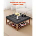 VEVOR Grande table basse ottomane carrée, table basse capitonnée de 87,6 cm avec étagère de rangement en bois massif, rembourrage en lin uni, 181,4 kg, gris foncé