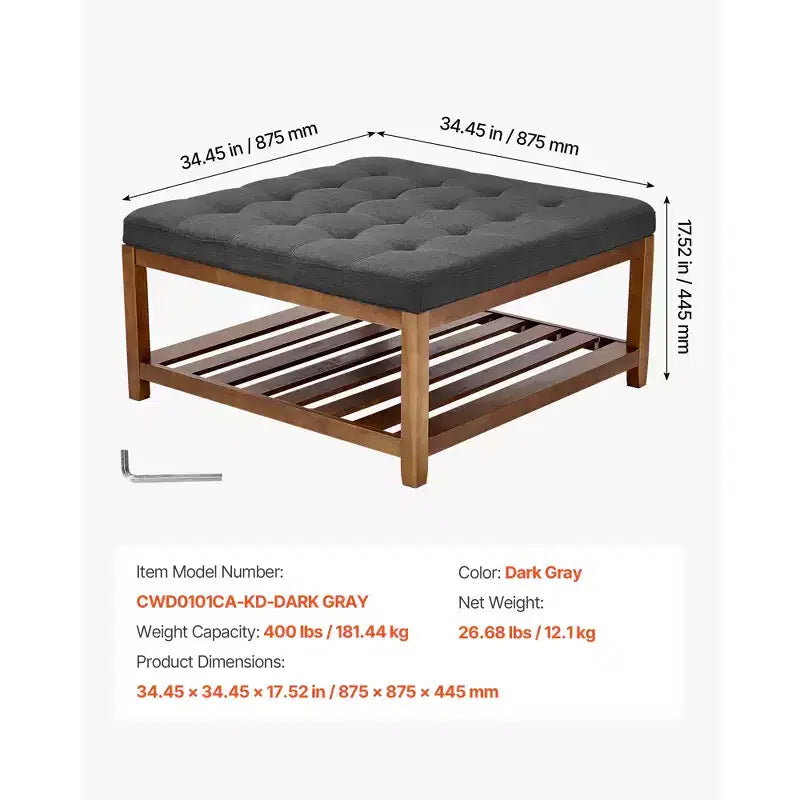 VEVOR Grande table basse ottomane carrée, table basse capitonnée de 87,6 cm avec étagère de rangement en bois massif, rembourrage en lin uni, 181,4 kg, gris foncé