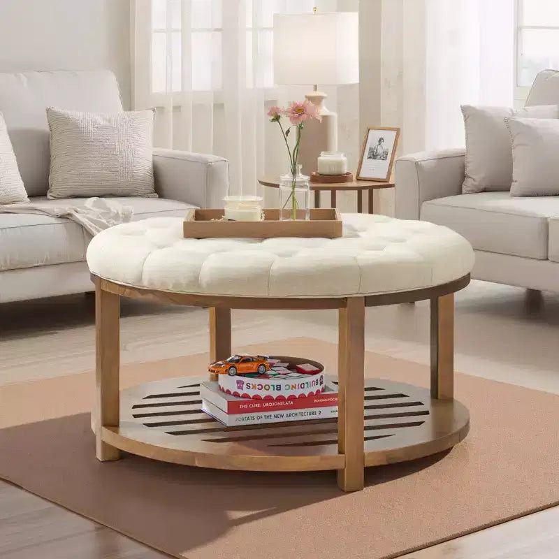 VEVOR Grande table basse ottomane ronde, table basse capitonnée de 81 cm avec étagère de rangement en bois massif, rembourrage en lin uni, 159 kg, beige