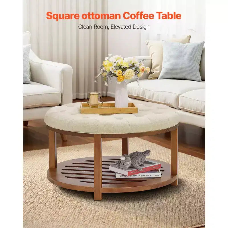 VEVOR Grande table basse ottomane ronde, table basse capitonnée de 81 cm avec étagère de rangement en bois massif, rembourrage en lin uni, 159 kg, beige