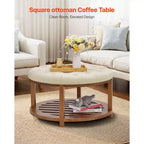 VEVOR Grande table basse ottomane ronde, table basse capitonnée de 81 cm avec étagère de rangement en bois massif, rembourrage en lin uni, 159 kg, beige