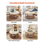 VEVOR Grande table basse ottomane ronde, table basse capitonnée de 81 cm avec étagère de rangement en bois massif, rembourrage en lin uni, 159 kg, beige